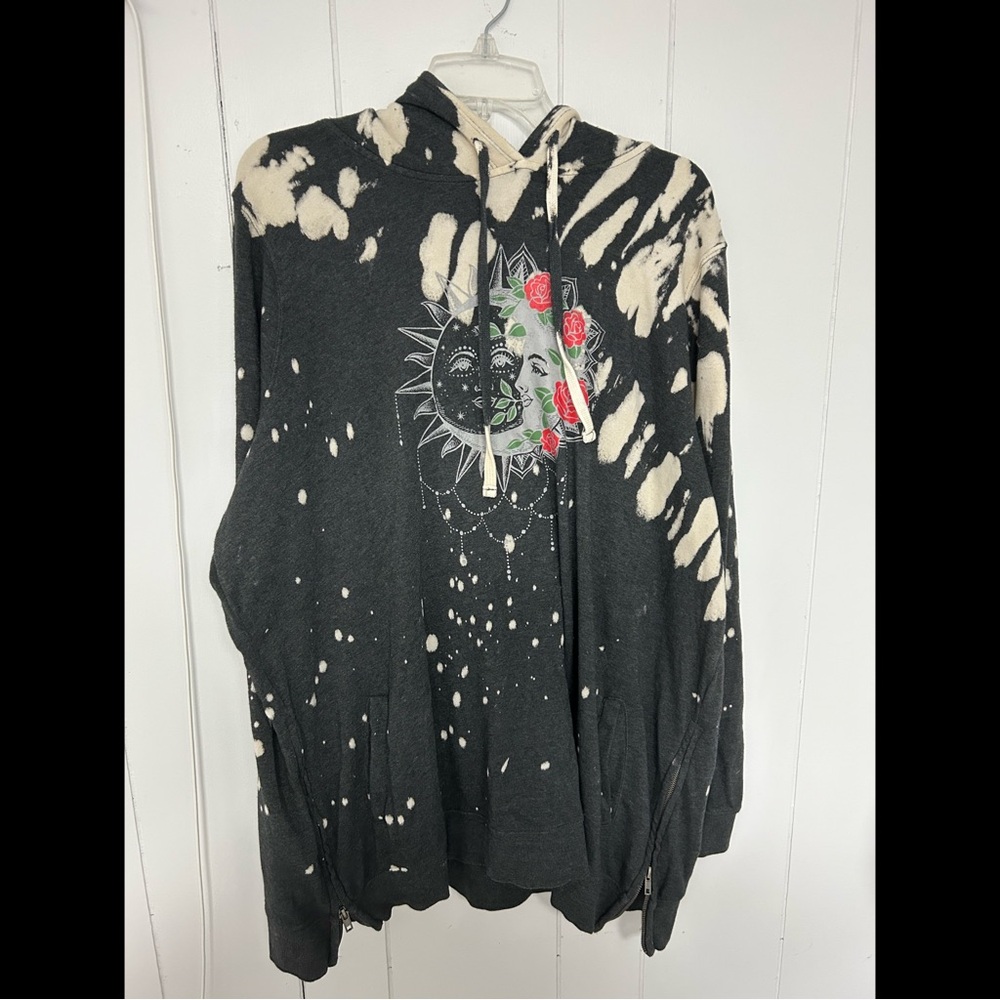 Torrid Deep Black Bleach-Dye Fleece Moon Side Zip Tunic Hoodie